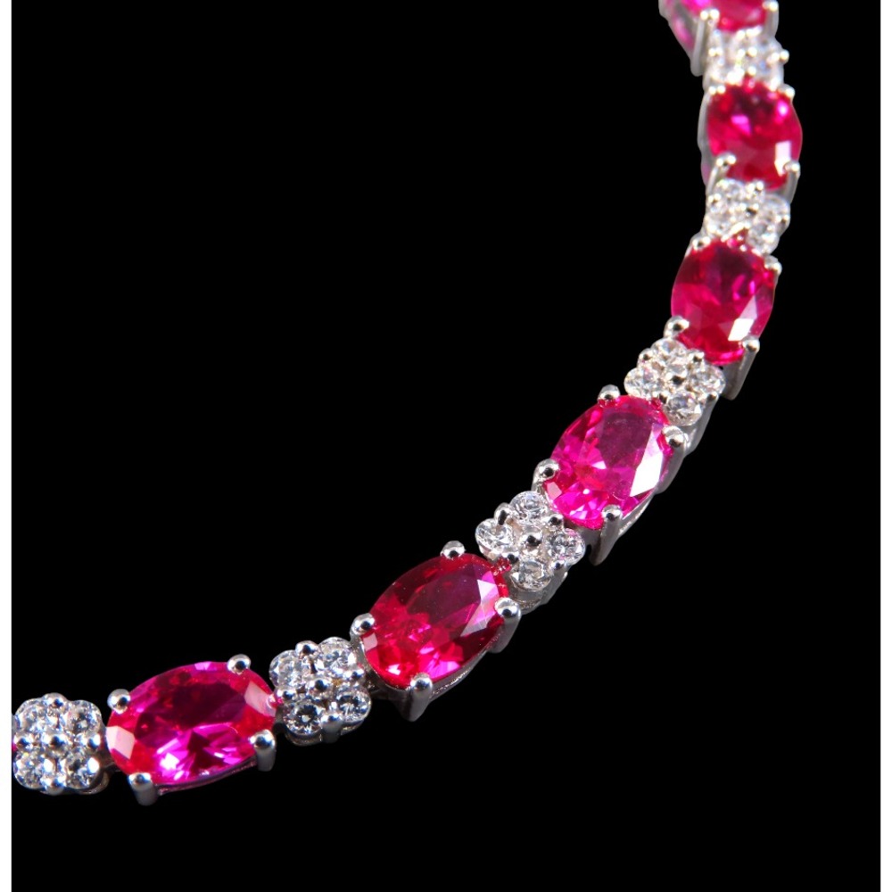 STERLING SILVER Tennis Bracelet FUCHSIA PINK SAPPHIRES Lab-Created w/Topaz Trim - Picture 3 of 9